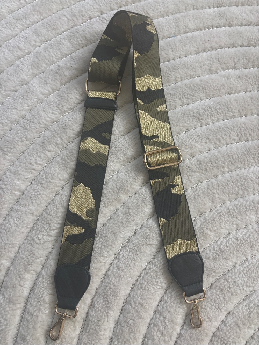 Olive Green Camo Adjustable Strap with Gold Accents bought from a boutique.